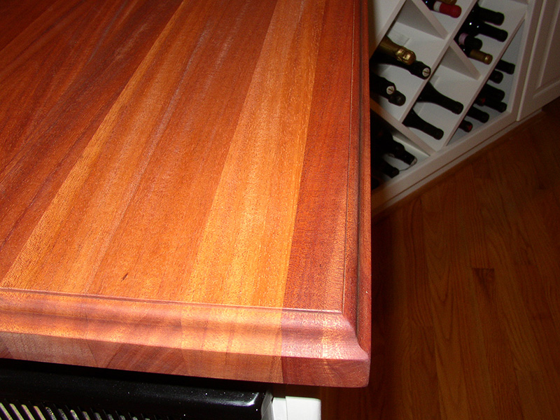 1.5" thick African Mahogany edge grain countertop with Roman ogee edge treatment and food safe mineral oil