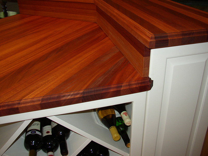 1.5" thick African Mahogany edge grain countertop with Roman ogee edge treatment and food safe mineral oil