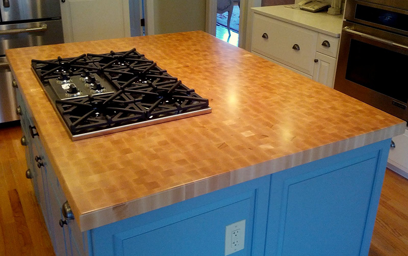 2.5" thick Hard Maple end grain countertop with 1/4" roundover edge treatment and permanent finish 