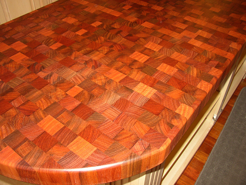 2.5" thick Santos Mahogany end grain countertop with 3/8" roundover edge treatment and food safe mineral oil