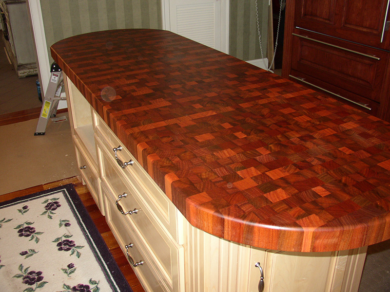 2.5" thick Santos Mahogany end grain countertop with 3/8" roundover edge treatment and food safe mineral oil